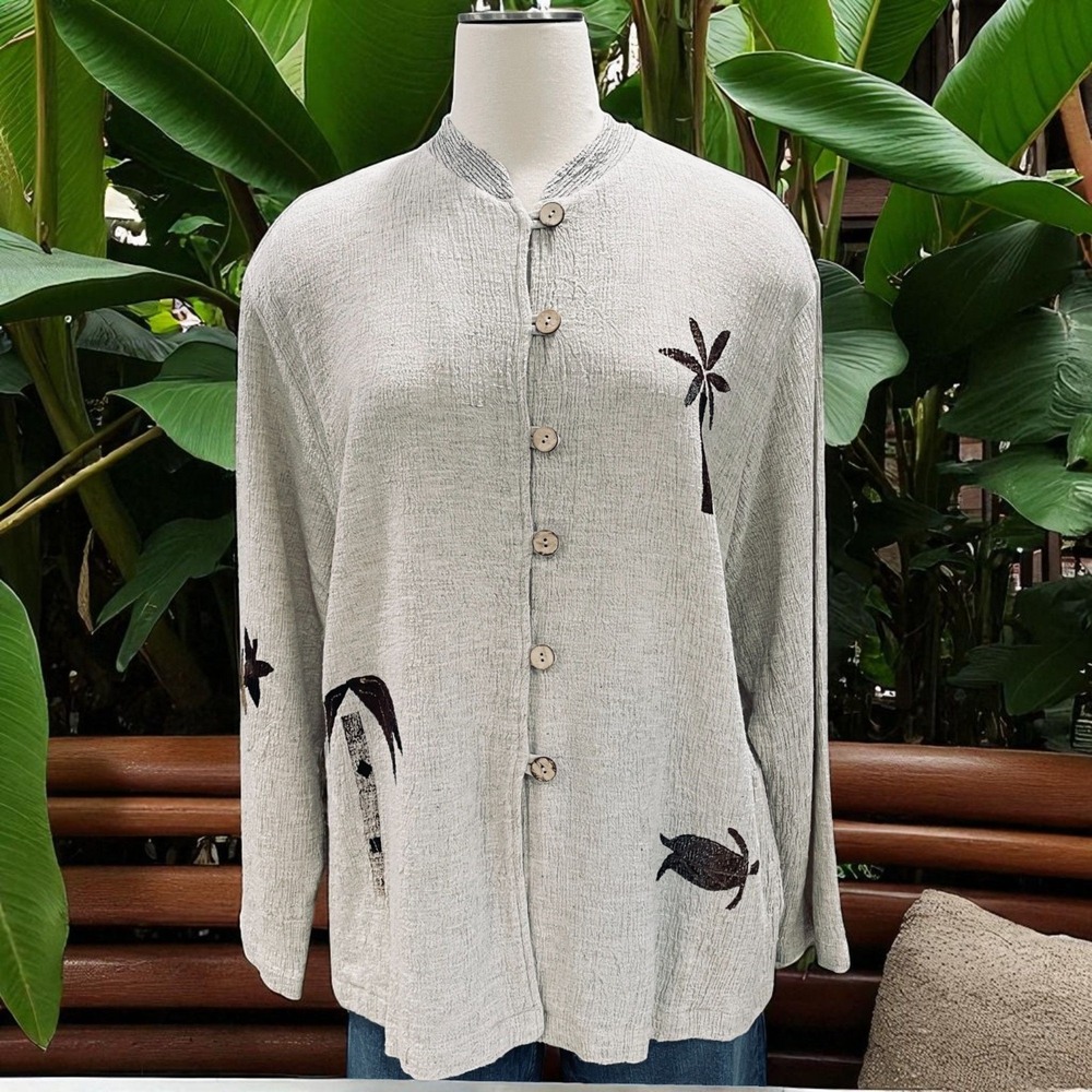 Alegre Hand Painted Linen Blend Palm Tree Sea Turtle‎ Button Shirt Top XL
